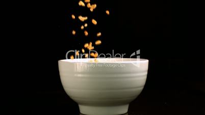 Rice cereal falling in a bowl