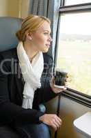 Woman looking out the train window pensive