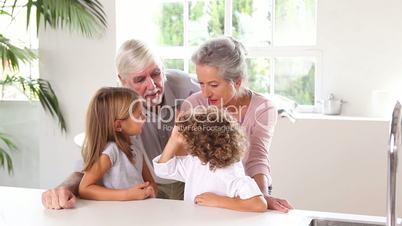 Little children chatting with grandparents