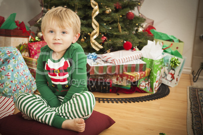 Young Boy Enjoying Christmas Morning Near The Tree