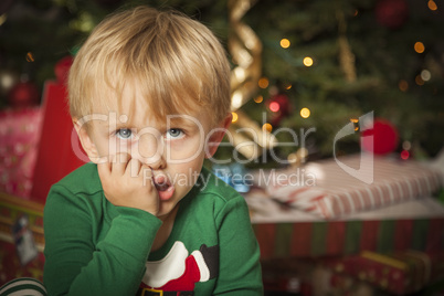 Young Grumpy Boy Sitting Near Christmas Tree