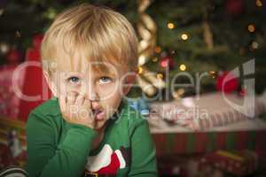 Young Grumpy Boy Sitting Near Christmas Tree