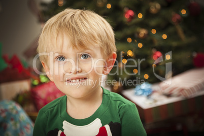 Young Boy Enjoying Christmas Morning Near The Tree