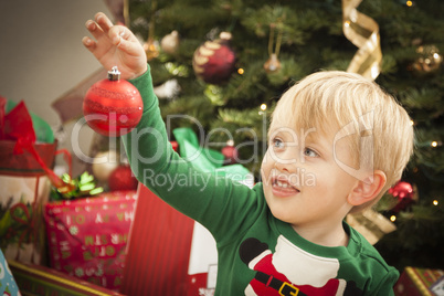 Young Boy Enjoying Christmas Morning Near The Tree