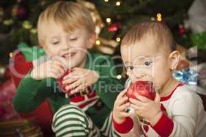 Mixed Race Baby and Young Boy Enjoying Christmas Morning Near Th