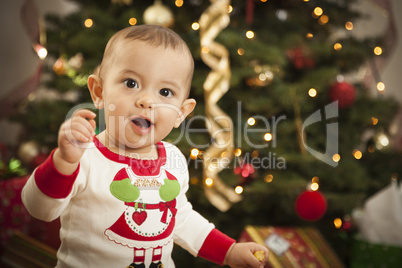 Infant Mixed Race Baby Enjoying Christmas Morning Near The Tree
