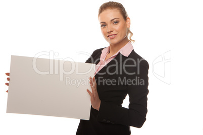 Business woman holding blank white card