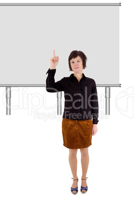 Woman pointing at blank placard