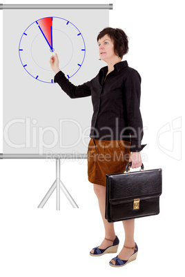 Businesswoman pointing at the clock