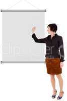 Woman pointing at blank placard