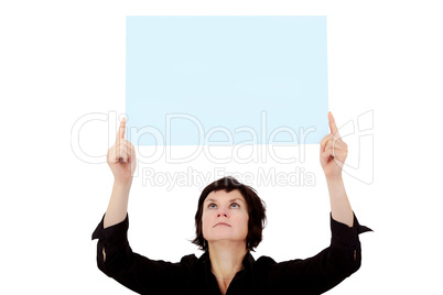 Woman holding up blank poster