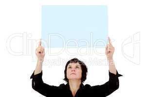 Woman holding up blank poster