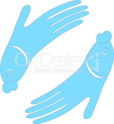 Fish hand design icon sign for Spa. Vector logo symbol illustration for fish massage. Encourage friendship of fish and people design. Isolated on white.