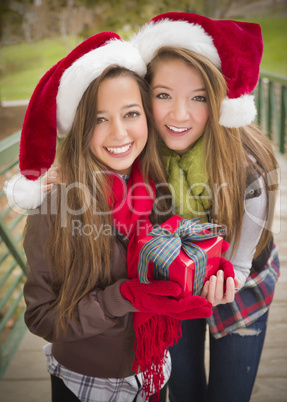 Two Smiling Women Santa Hats Holding a Wrapped Gift