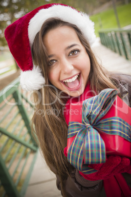 Pretty Woman Wearing a Santa Hat with Wrapped Gift