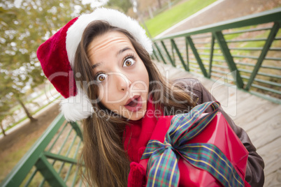 Pretty Woman Wearing a Santa Hat with Wrapped Gift