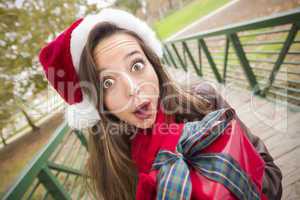 Pretty Woman Wearing a Santa Hat with Wrapped Gift