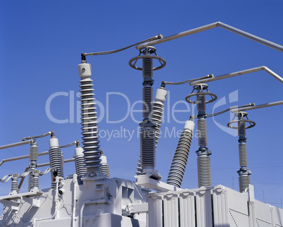 Close-up of electical transformers