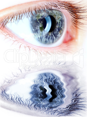 blue eye in macro with earth map