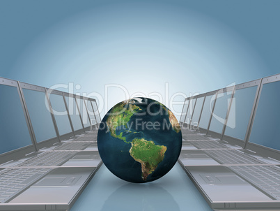 Laptop corridor with Earth globe