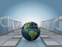 Laptop corridor with Earth globe