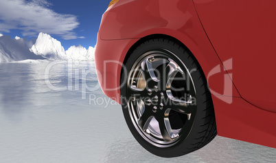 Red sport car on thin ice , rear wh