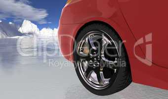 Red sport car on thin ice , rear wh
