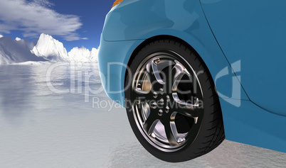 Blue sport car on thin ice , rear w
