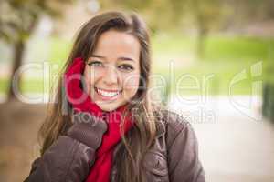Pretty Woman Portrait Wearing Red Scarf and Mittens Outside