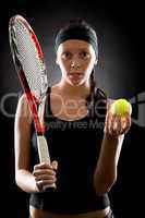 Tennis woman sport hold racket ball black