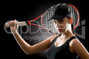 Tennis woman sport hold racket on black