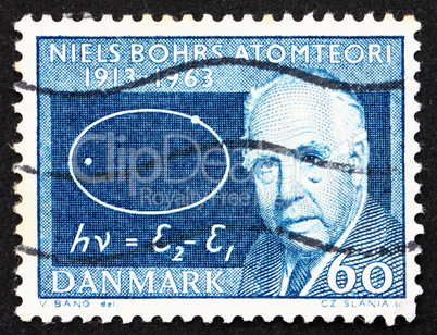 Postage stamp Denmark 1963 Niels Bohr and Atom Diagram