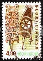 Postage stamp Finland 1976 Carved Wooden Distaffs
