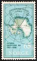 Postage stamp Norway 1956 Map of South Pole with Queen Maud Land