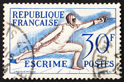 Postage stamp France 1953 Fencing