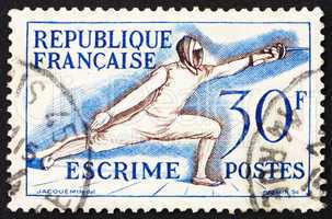 Postage stamp France 1953 Fencing