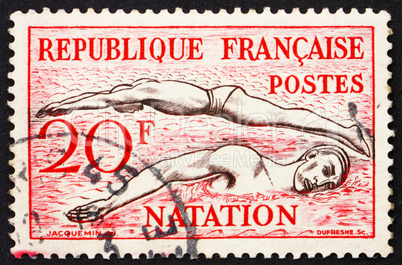 Postage stamp France 1953 Swimming