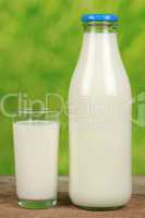 Frische Milch in der Milchflasche und in einem Glas