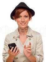 Smiling Young Woman Holding Smart Cell Phone on White