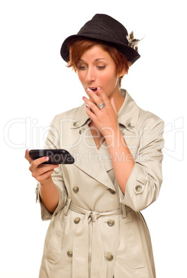 Smiling Young Woman Holding Smart Cell Phone on White