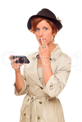 Shocked Young Woman Holding Smart Cell Phone on White
