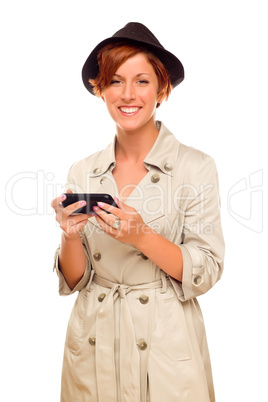 Smiling Young Woman Holding Smart Cell Phone on White