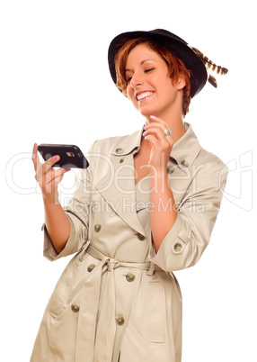 Smiling Young Woman Holding Smart Cell Phone on White