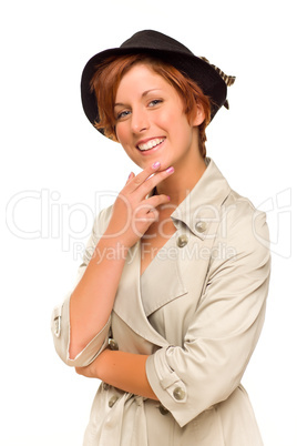 Attractive Red Haired Girl Wearing a Trench Coat and Hat