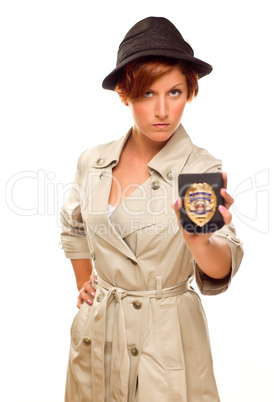 Female Detective With Official Badge In Trench Coat on White