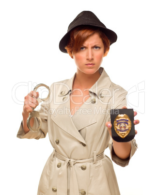 Female Detective With Handcuffs and Badge In Trench Coat