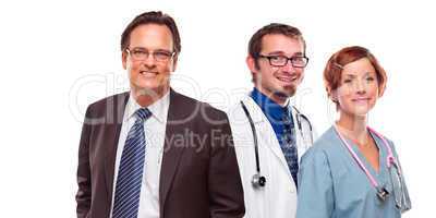 Friendly Male and Female Doctors with Businessman on White