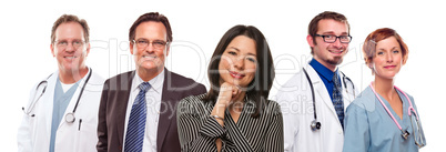 Hispanic Woman with Businessman and Male Doctors or Nurses