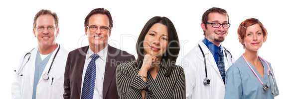 Hispanic Woman with Businessman and Male Doctors or Nurses