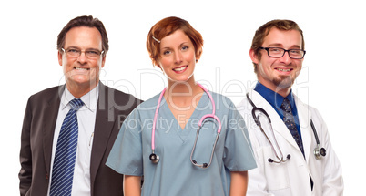 Group of Doctors or Nurses and Businessman on White